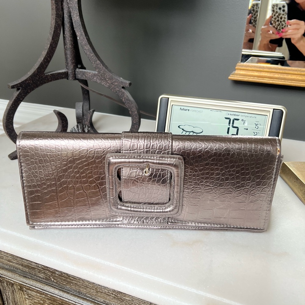 Metallic Crocodile-Embossed Clutch